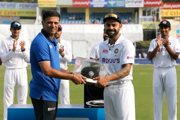 Former captain Virat Kohli has been felicitated by India head coach Rahul Dravid with a special on his 100th Test match